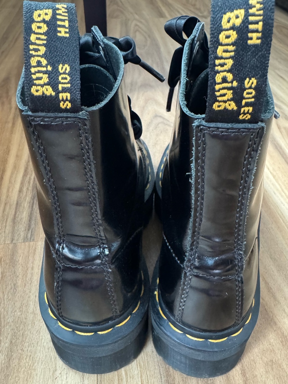 Dr. Martens Molly Black Platform Lace-Up Combat Boots with Yellow Stitching - Picture 3 of 5